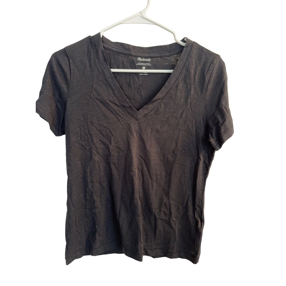 Madewell T-Shirt Women XXS Black Whisper Cotton V-Neck Short‎ Sleeve BK5229 Tee